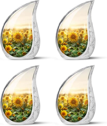 Sunflower Field Urn - Small Keepsake Urn for Human Ashes - Yellow, Silver Aluminum - Floral Pattern - 3 Inch 4 Pcs - 29.6 ml - Polished, Brushed Finish - Threaded Screw Lid in Saudi Arabia