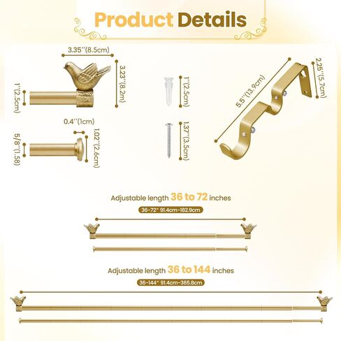 Double Curtain Rod with Bird Finial, Decorative Window Treatment Hardware (Gold, 36"-72") in Saudi Arabia
