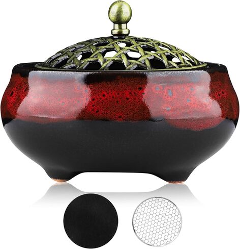 Ceramic Incense Burner for Cone and Backflow Incense, Metal Lid, Stainless Steel Incense Holder, Incense Bowl with Incense Cone Holder & Burner Holder (Fambe Blue) in Saudi Arabia