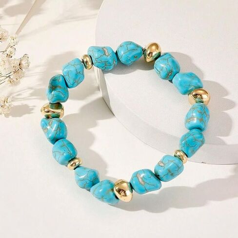 Blue Irregular Tumbled Turquoise Stone Bracelet, Gold Metal Accent Pulseras para Mujer Boho Jewelry for Women Daily Wear Women Bracelets Healing Energy Accessory in Saudi Arabia