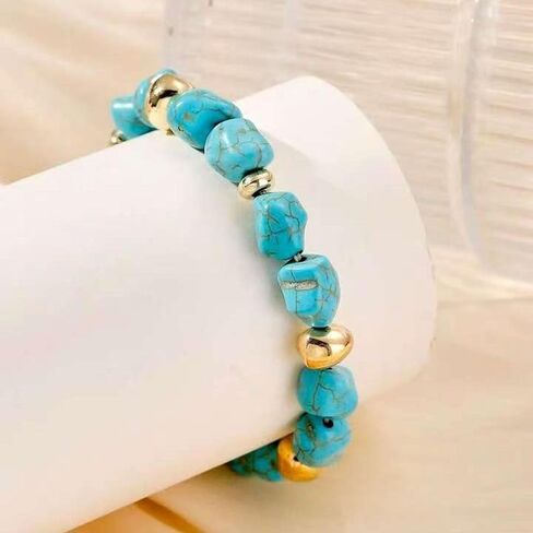 Blue Irregular Tumbled Turquoise Stone Bracelet, Gold Metal Accent Pulseras para Mujer Boho Jewelry for Women Daily Wear Women Bracelets Healing Energy Accessory in Saudi Arabia