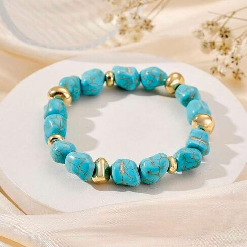 Blue Irregular Tumbled Turquoise Stone Bracelet, Gold Metal Accent Pulseras para Mujer Boho Jewelry for Women Daily Wear Women Bracelets Healing Energy Accessory in Saudi Arabia