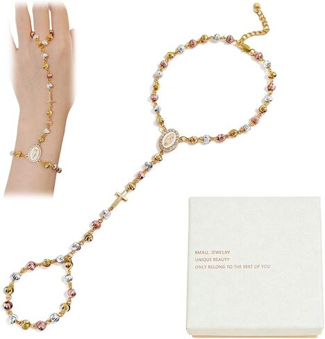 Ring Bracelet Hand Chain, Colorful Virgin Mary Rosary Beaded Chain, Cross Pendant Religious Jewelry With Pink White Box, Catholic Presents For Women in Saudi Arabia