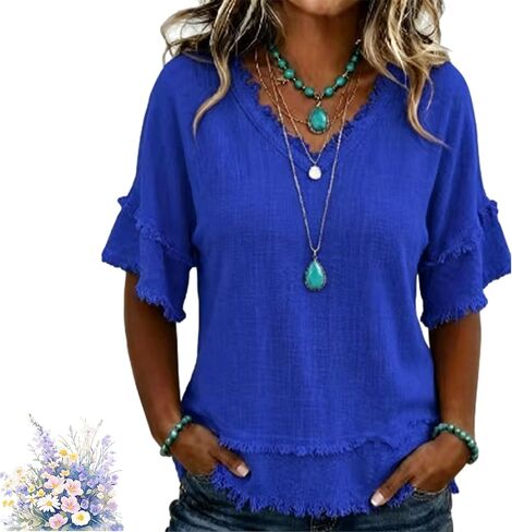 Vintage Art Patchwork Cotton and Linen Shirt, Fashion Style V Neck T-Shirt, Women Summer Casual Short Sleeve Tops in Saudi Arabia