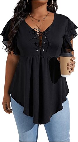 Women's Plus Size Lace Up Peplum Babydoll Tops Elegant Ruffle Sleeve Asymmetrical Flowy T Shirts in Kuwait