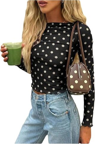 MakeMeChic Women's Polka Dots Top Mesh Sheer Tops Ruffle Long Sleeve Y2K Party Going Out Tops in Kuwait