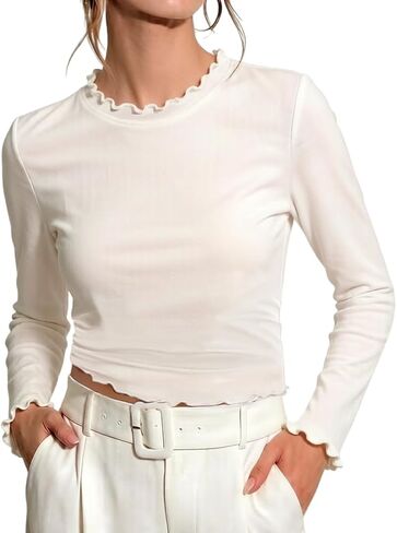INFITTY Long Sleeve Tops for Women Ruffle Sleeve Crop Shirts Casual Mock Neck Ribbed Going Out Top Dressy Blouses in Saudi Arabia