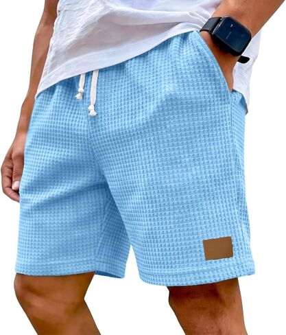 Men Shorts Casual Summer Waffle Knit Men Shorts Casual Outfit with Pocket Elastic Waist Drawstring Outdoor Work Clothe in Saudi Arabia