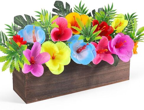 Hawaiian Table Centerpieces Artificial Hibiscus Flowers Arrangements Wooden Crate, Wooden Planter with Tropical Palm Leaves for Summer Beach Tiered Tray Shelf Table Home Aloha Luau Party Decor in Saudi Arabia