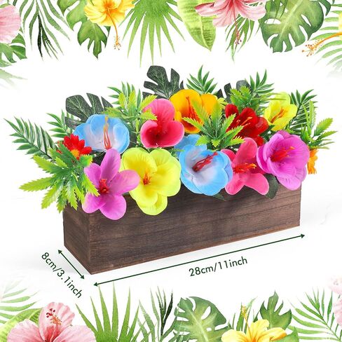 Hawaiian Table Centerpieces Artificial Hibiscus Flowers Arrangements Wooden Crate, Wooden Planter with Tropical Palm Leaves for Summer Beach Tiered Tray Shelf Table Home Aloha Luau Party Decor in Saudi Arabia