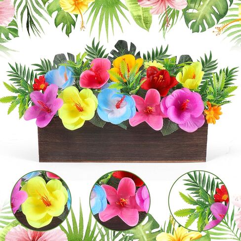 Hawaiian Table Centerpieces Artificial Hibiscus Flowers Arrangements Wooden Crate, Wooden Planter with Tropical Palm Leaves for Summer Beach Tiered Tray Shelf Table Home Aloha Luau Party Decor in Saudi Arabia
