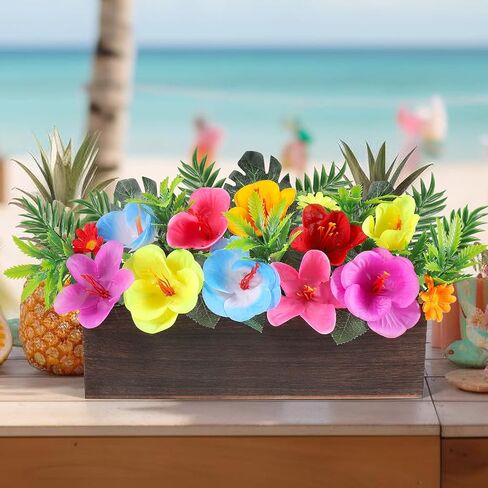 Hawaiian Table Centerpieces Artificial Hibiscus Flowers Arrangements Wooden Crate, Wooden Planter with Tropical Palm Leaves for Summer Beach Tiered Tray Shelf Table Home Aloha Luau Party Decor in Saudi Arabia