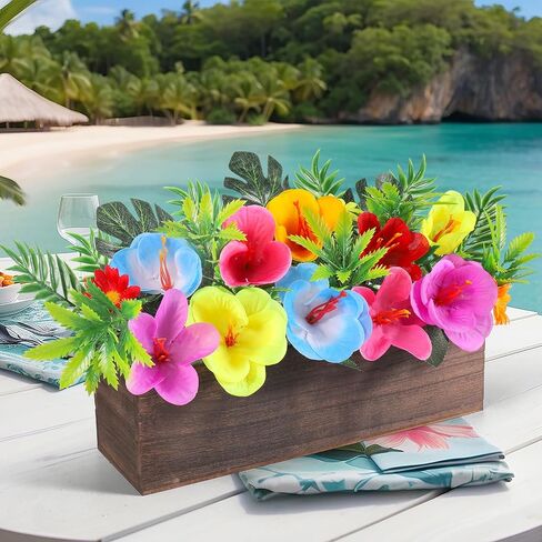 Hawaiian Table Centerpieces Artificial Hibiscus Flowers Arrangements Wooden Crate, Wooden Planter with Tropical Palm Leaves for Summer Beach Tiered Tray Shelf Table Home Aloha Luau Party Decor in Saudi Arabia