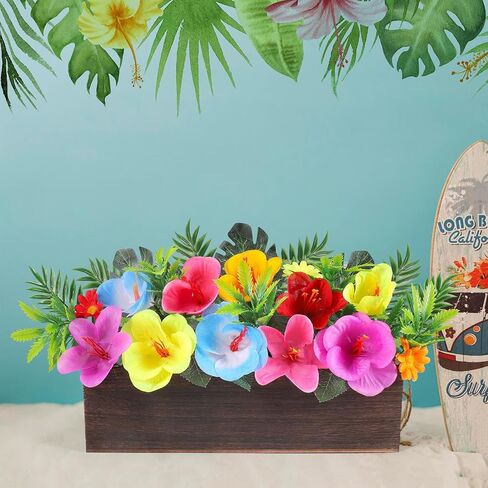 Hawaiian Table Centerpieces Artificial Hibiscus Flowers Arrangements Wooden Crate, Wooden Planter with Tropical Palm Leaves for Summer Beach Tiered Tray Shelf Table Home Aloha Luau Party Decor in Saudi Arabia