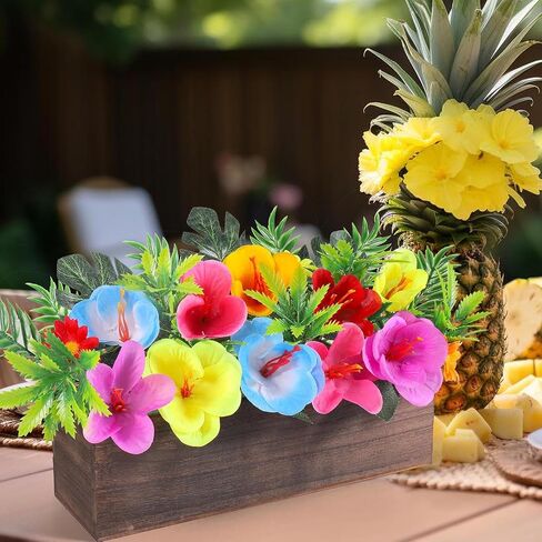 Hawaiian Table Centerpieces Artificial Hibiscus Flowers Arrangements Wooden Crate, Wooden Planter with Tropical Palm Leaves for Summer Beach Tiered Tray Shelf Table Home Aloha Luau Party Decor in Saudi Arabia