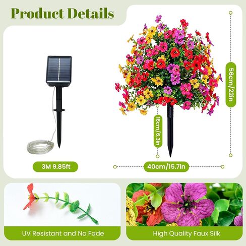 Artificial Flowers for Outdoors with Solar Lights, 22" Fake Flowers for Garden Yard Patio, Lifelike UV Resistant Faux Plant Decor with 10ft Solar LED Light Strip & Ground Stake, 1 Pack in Saudi Arabia