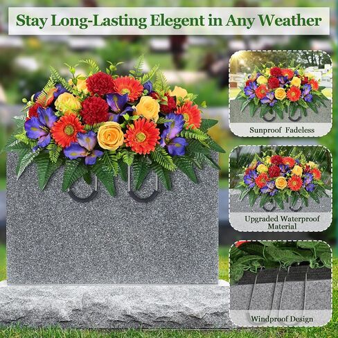 Yastouay 3 Sets Artificial Cemetery Flowers for Grave, Realistic Headstone Flower Saddle, UV Resistant Memorial Day Flowers, Mixed Blooms Grave Decorations for Cemetery (Colorful) in Saudi Arabia