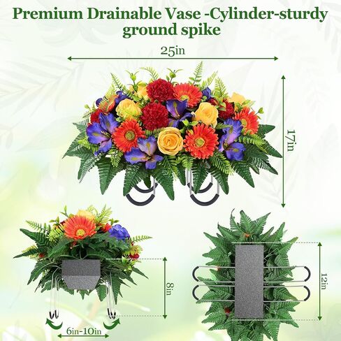 Yastouay 3 Sets Artificial Cemetery Flowers for Grave, Realistic Headstone Flower Saddle, UV Resistant Memorial Day Flowers, Mixed Blooms Grave Decorations for Cemetery (Colorful) in Saudi Arabia