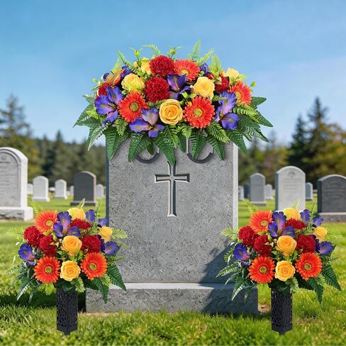 Yastouay 3 Sets Artificial Cemetery Flowers for Grave, Realistic Headstone Flower Saddle, UV Resistant Memorial Day Flowers, Mixed Blooms Grave Decorations for Cemetery (Colorful) in Saudi Arabia