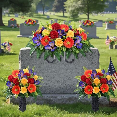 Yastouay 3 Sets Artificial Cemetery Flowers for Grave, Realistic Headstone Flower Saddle, UV Resistant Memorial Day Flowers, Mixed Blooms Grave Decorations for Cemetery (Colorful) in Saudi Arabia