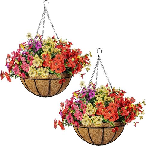 2 Set Artificial Flowers for Outdoors with Hanging Basket 24 Pcs Fake Silk Flowers Hanging Planters for Outdoor Plants Faux Hanging Plants for Outdoor Patio Decor Garden Decor (Y,R,P,R) in Kuwait
