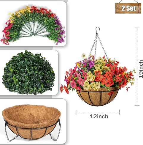 2 Set Artificial Flowers for Outdoors with Hanging Basket 24 Pcs Fake Silk Flowers Hanging Planters for Outdoor Plants Faux Hanging Plants for Outdoor Patio Decor Garden Decor (Y,R,P,R) in Kuwait