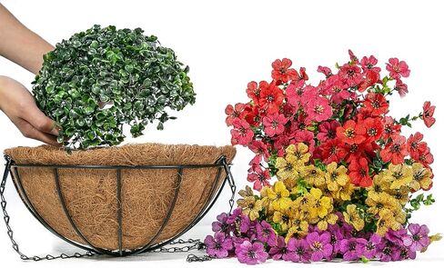 2 Set Artificial Flowers for Outdoors with Hanging Basket 24 Pcs Fake Silk Flowers Hanging Planters for Outdoor Plants Faux Hanging Plants for Outdoor Patio Decor Garden Decor (Y,R,P,R) in Kuwait