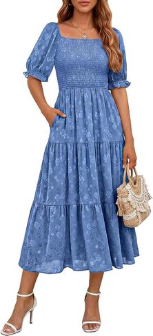 DRESSTELLS Women 2026 Summer Midi Casual Floral Wedding Guest Square Neck Smocked A Line Flowy Boho Dress with Pockets in Saudi Arabia