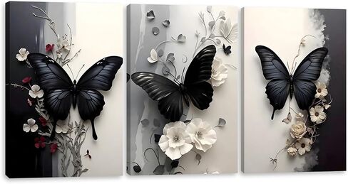 Pormipone 3 Pcs Black Butterfly Canvas Wall Art, White Flower Wall Decor, Butterfly Picture for Wall Living Room Bathroom Bedroom Home Decoration 12 * 18 in (Poster No Frame) in Saudi Arabia