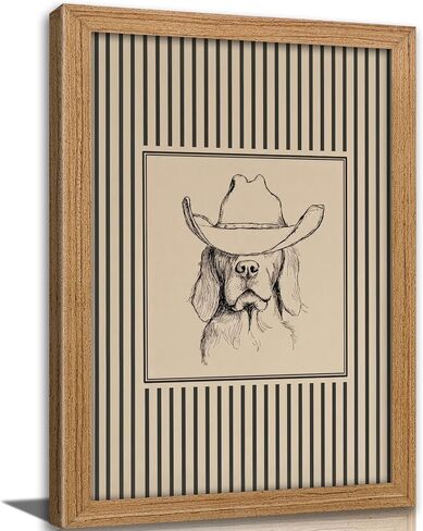 Framed Vintage Cowboy Dog Wall Art - Striped Western Pet Canvas Decor Animal Sketch Artwork Picture for Living Room Bedroom Home Wall decor in Kuwait
