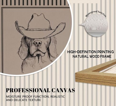 Framed Vintage Cowboy Dog Wall Art - Striped Western Pet Canvas Decor Animal Sketch Artwork Picture for Living Room Bedroom Home Wall decor in Kuwait