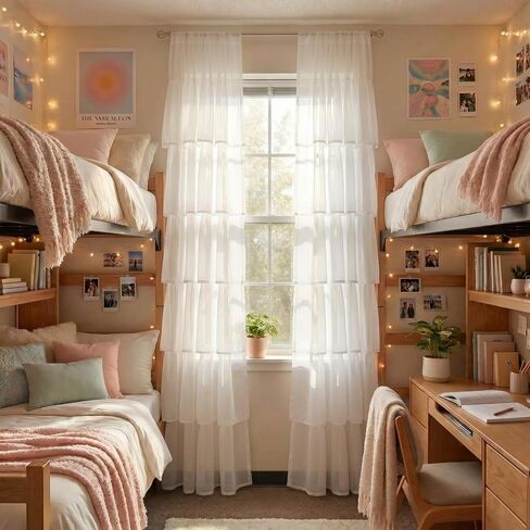 Hahafelt Dorm ستارة مكشكشة بيضاء منتفخة ستارة جيب قضيب كشكش 52 بوصة عرض × 84 بوصة طول فتاة Preppy ستائر لوحة ترشيح لغرفة النوم وغرفة الطعام وغرفة المعيشة وغرفة المعيشة ديكور النافذة in Kuwait