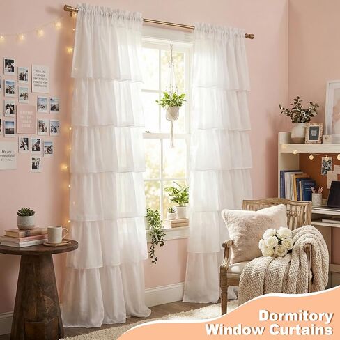 Hahafelt Dorm ستارة مكشكشة بيضاء منتفخة ستارة جيب قضيب كشكش 52 بوصة عرض × 84 بوصة طول فتاة Preppy ستائر لوحة ترشيح لغرفة النوم وغرفة الطعام وغرفة المعيشة وغرفة المعيشة ديكور النافذة in Kuwait