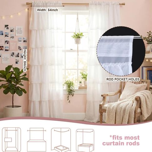 Hahafelt Dorm ستارة مكشكشة بيضاء منتفخة ستارة جيب قضيب كشكش 52 بوصة عرض × 84 بوصة طول فتاة Preppy ستائر لوحة ترشيح لغرفة النوم وغرفة الطعام وغرفة المعيشة وغرفة المعيشة ديكور النافذة in Kuwait