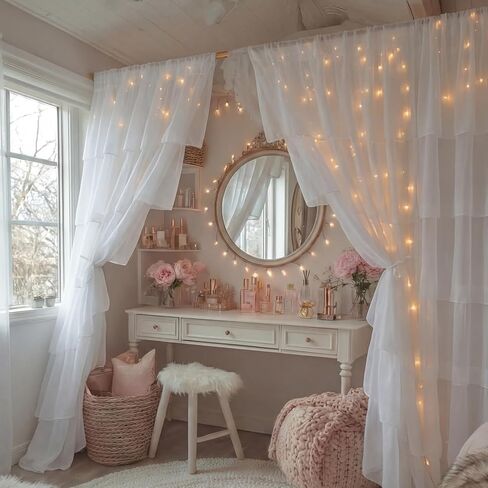 Hahafelt Dorm ستارة مكشكشة بيضاء منتفخة ستارة جيب قضيب كشكش 52 بوصة عرض × 84 بوصة طول فتاة Preppy ستائر لوحة ترشيح لغرفة النوم وغرفة الطعام وغرفة المعيشة وغرفة المعيشة ديكور النافذة in Kuwait