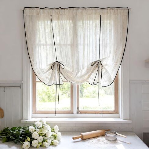 Beige Striped Tie-up Linen Curtain with Black Trim Elegant Roman Shade Length Adjustable Sheer Curtain Valance for Kitchen Bedroom Rod Pocket Top 1 Panel (W39 x L39 inches,Beige+Lace) in Saudi Arabia
