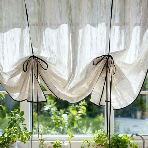 Beige Striped Tie-up Linen Curtain with Black Trim Elegant Roman Shade Length Adjustable Sheer Curtain Valance for Kitchen Bedroom Rod Pocket Top 1 Panel (W39 x L39 inches,Beige+Lace) in Saudi Arabia
