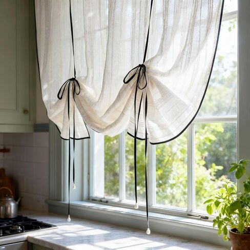 Beige Striped Tie-up Linen Curtain with Black Trim Elegant Roman Shade Length Adjustable Sheer Curtain Valance for Kitchen Bedroom Rod Pocket Top 1 Panel (W39 x L39 inches,Beige+Lace) in Saudi Arabia