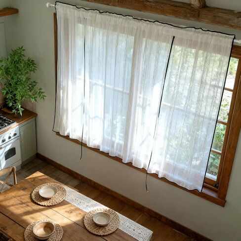 Beige Striped Tie-up Linen Curtain with Black Trim Elegant Roman Shade Length Adjustable Sheer Curtain Valance for Kitchen Bedroom Rod Pocket Top 1 Panel (W39 x L39 inches,Beige+Lace) in Saudi Arabia