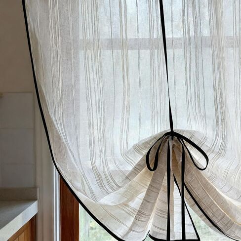 Beige Striped Tie-up Linen Curtain with Black Trim Elegant Roman Shade Length Adjustable Sheer Curtain Valance for Kitchen Bedroom Rod Pocket Top 1 Panel (W39 x L39 inches,Beige+Lace) in Saudi Arabia
