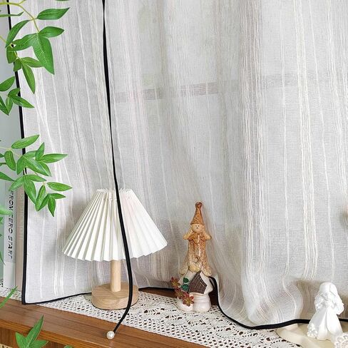 Beige Striped Tie-up Linen Curtain with Black Trim Elegant Roman Shade Length Adjustable Sheer Curtain Valance for Kitchen Bedroom Rod Pocket Top 1 Panel (W39 x L39 inches,Beige+Lace) in Saudi Arabia