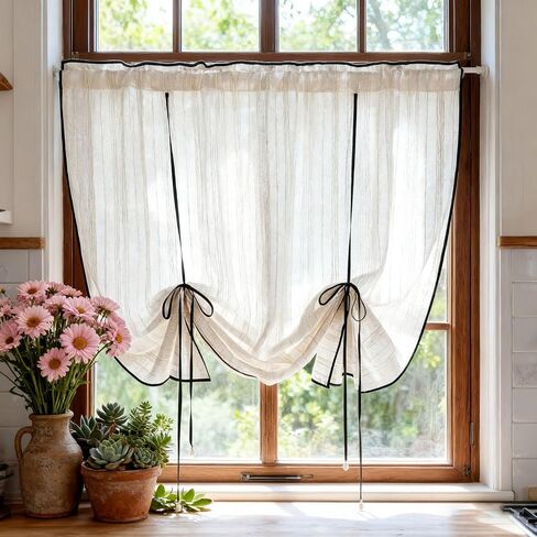 Beige Striped Tie-up Linen Curtain with Black Trim Elegant Roman Shade Length Adjustable Sheer Curtain Valance for Kitchen Bedroom Rod Pocket Top 1 Panel (W39 x L39 inches,Beige+Lace) in Saudi Arabia