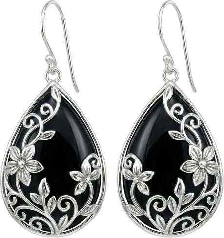 Black Onyx Earrings for Women Flower Filigree Dangle Drop Earrings Black Onyx Jewelry Gifts for Family Friends in Saudi Arabia