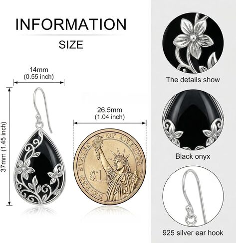 Black Onyx Earrings for Women Flower Filigree Dangle Drop Earrings Black Onyx Jewelry Gifts for Family Friends in Saudi Arabia