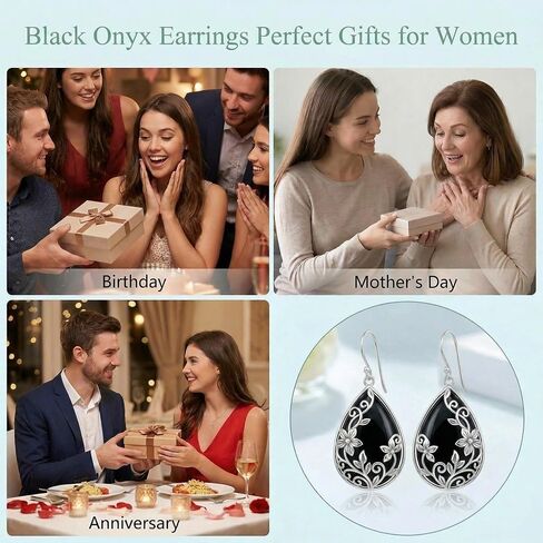 Black Onyx Earrings for Women Flower Filigree Dangle Drop Earrings Black Onyx Jewelry Gifts for Family Friends in Saudi Arabia