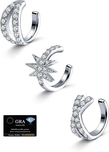 Moissanite Ear Cuff Set for Women Men Non Piercing, 925 Sterling Silver 18K White Gold Plated Hypoallergenic Clip on Cartilage Earring in Saudi Arabia
