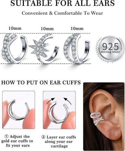 Moissanite Ear Cuff Set for Women Men Non Piercing, 925 Sterling Silver 18K White Gold Plated Hypoallergenic Clip on Cartilage Earring in Saudi Arabia