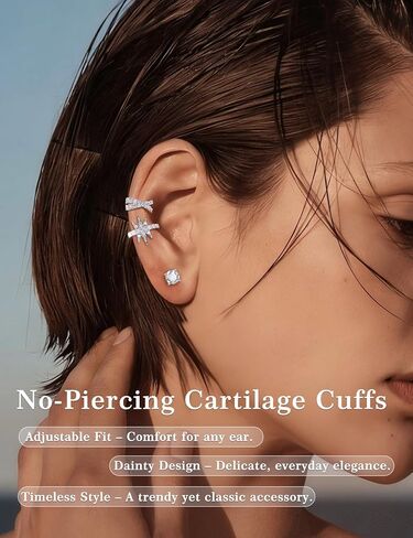 Moissanite Ear Cuff Set for Women Men Non Piercing, 925 Sterling Silver 18K White Gold Plated Hypoallergenic Clip on Cartilage Earring in Saudi Arabia