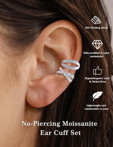 Moissanite Ear Cuff Set for Women Men Non Piercing, 925 Sterling Silver 18K White Gold Plated Hypoallergenic Clip on Cartilage Earring in Saudi Arabia