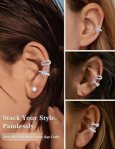 Moissanite Ear Cuff Set for Women Men Non Piercing, 925 Sterling Silver 18K White Gold Plated Hypoallergenic Clip on Cartilage Earring in Saudi Arabia